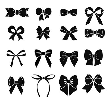Vector illustration set of black and white bows in silhouette, different types and shapes of ribbons.