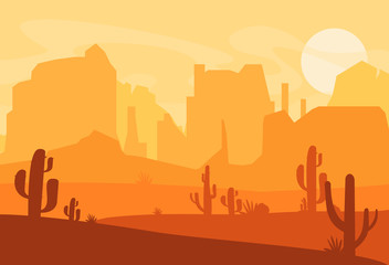 Vector illustration of Western Texas desert silhouette. Wild west america scene with sunset in desert with mountains and cactus in flat cartoon style. - obrazy, fototapety, plakaty