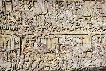 Bas relief of Bayon Temple, Angkor Thom, Siem Reap, Cambodia