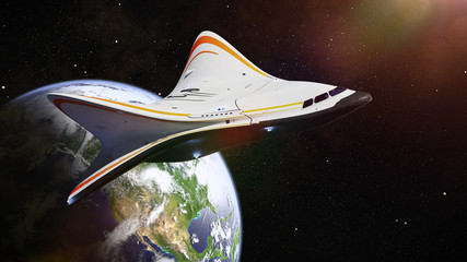 spaceship in orbit of planet Earth, shuttle star into outer space © dottedyeti