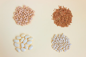 Organic large and small white beans, chickpeas and lentils. Concept- healthy food, vegetarianism, observance of religious fasting.