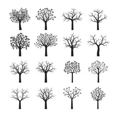 Obraz premium Set Black Trees with Leaves. Vector Illustration.