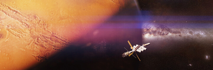 Naklejka premium spaceship in orbit of the red planet Mars, journey through the solar system 