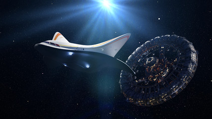 spaceship departure from space station,  outer space traffic  © dottedyeti