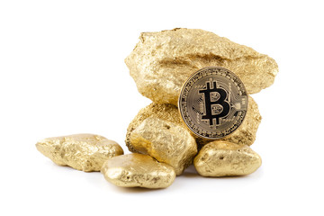 Gold bitcoin physical and Gold nugget grains isolated on white background