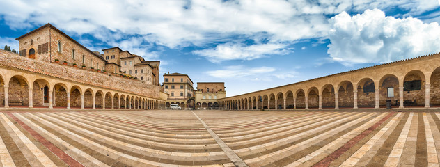 Lower plaza of the Basilica of Saint Francis, Assisi, Italy - obrazy, fototapety, plakaty