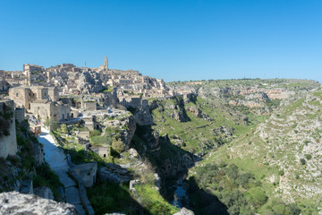 Obraz premium Horizontal View of the Sassi of Matera on Blue Sky Background. Matera, South of Italy