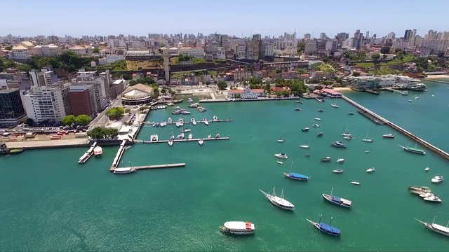 Aerial view of Mercado Modelo, Lacerda Elevator in Salvador, Bahia, Brazil.
