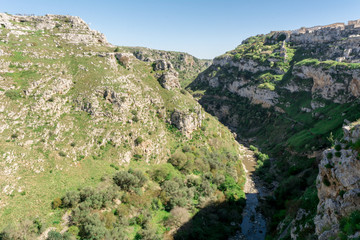 Horizontal View of the Sassi of Matera on Blue Sky Background. Matera, South of Italy