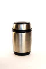 travel thermos, thermo mug on white background
