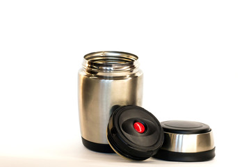 travel thermos, thermo mug on white background