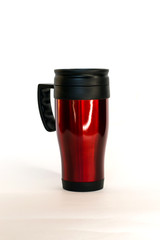 travel thermo mug in red on a white background