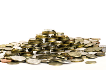 stacked coins, money, financial management, business, pyramid of coins on white background