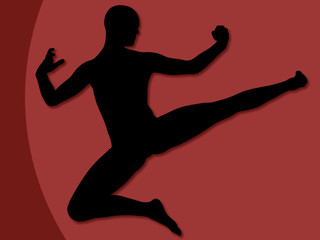 Fototapeta na wymiar Kung Fu Karate Kick Silhouette with Red Background