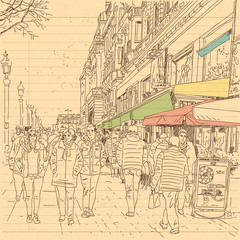 european city street and peoples in hand drawn line sketch style