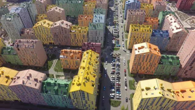 district of colorful houses in Kiev, aerial view, raw, 4K