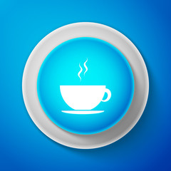 White Coffee cup icon isolated on blue background. Tea cup. Hot drink coffee. Circle blue button with white line. Vector Illustration