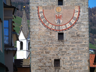 Vipiteno, Bolzano, Trentino Alto Adige. The tower of the Twelve in the pedestrian street of the...