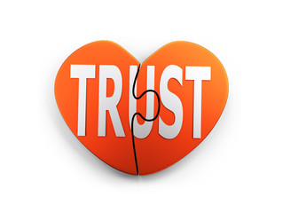 Heart shaped puzzle with word TRUST, 3D illustration.