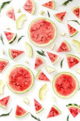 Pattern of watermelon lobules. Fresh watermelon, sliced in circles on a white background.