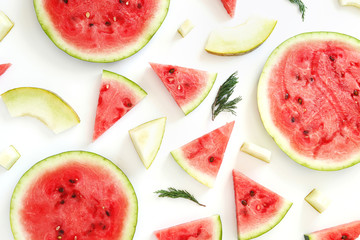 Pattern of watermelon lobules. Fresh watermelon, sliced in circles on a white background.