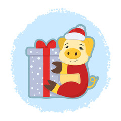 Christmas pig 2019 with the gift. Symbol of the Chinese new year. Vector cartoon cute piggy in Santa hat. Illustration for print, card, banner
