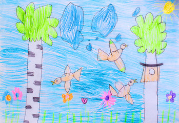 Obraz premium Drawing made by a child. Spring, birds, clouds