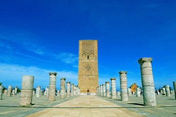 Hassan Tower, front of the Mausoleum of Mohammed V in Rabat, Morocco.