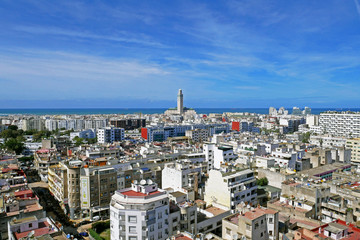 Panoramic aerial view of casablanca, with Hassan II Mosque, Morocco. - obrazy, fototapety, plakaty