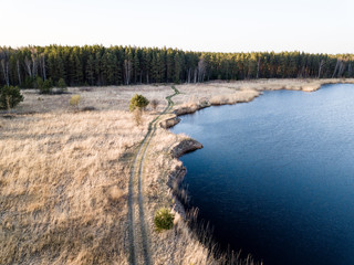 drone image. aerial view of rural area with swamps, lakes and forests