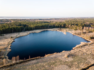 drone image. aerial view of rural area with swamps, lakes and forests