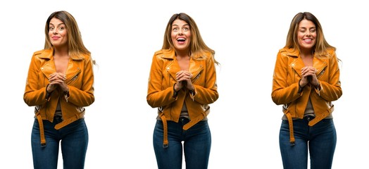 Beautiful young woman confident and happy with a big natural smile over white background