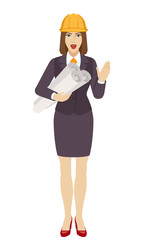 Businesswoman in construction helmet holding the project plans and greeting someone with his hand raised up