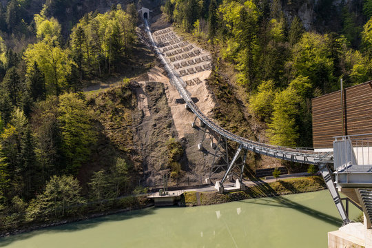 Funicular railway connecting the village of Stoos and the town of Schwyz in Switzerland. Lower station Funicular railway.