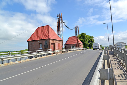 POLESSK, RUSSIA. The old movable bridge "Eagle" with technical buildings