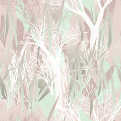 Military camouflage texture with trees, branches, grass and watercolor stains