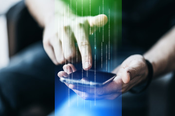 business people hand use blank screen smartphone and future technology data information concept with blur background