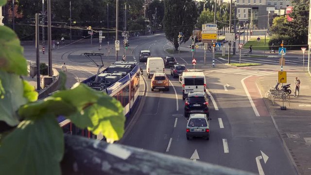 Traffic Time Lapse Darmstadt City Center Germany with Tram Cars and Pedestrians