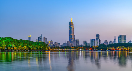 Fototapeta premium Nanjing Xuanwu Lake Financial District building landscape night view and city skyline