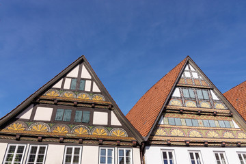 Fachwerkhausfassade der Weserrenaissance, Breite Straße in Lemgo, Nordrhein-Westfalen