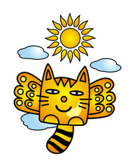 Cat with wings in flight among the clouds under the sun. Funny cartoon picture. Vector graphics