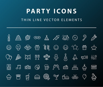 Set of 50 High Quality Universal Standard Minimal Simple White Thin Line Party Icons on Dark Background 