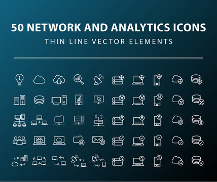 Set of 50 High Quality Universal Standard Minimal Simple White Thin Line Network , Technology and Analytics Icons on Dark Background 