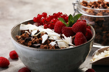 granola healthy breakfast with natural yogurt, muesli and berries