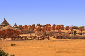 Village with  clay, jags for crops  in the area of Sahel   in Chad
