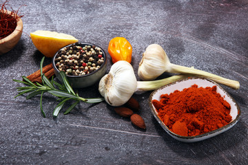 Spices and herbs on table. Food and cuisine ingredients.