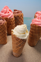 Vanilla frozen yogurt or soft ice cream in waffle cone.