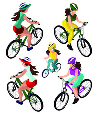 Naklejka premium set of girls on a bicycle in different directions. Woman and girl on a bicycle. Isometry 3d