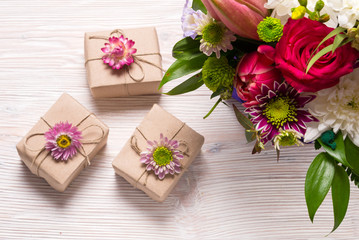 Holyday concept, gift boxes on wooden table