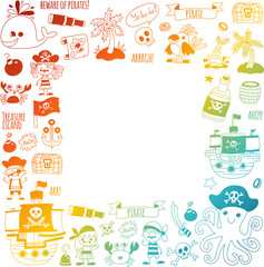 Fototapeta premium Pirate adventures. Vector icons for kids party. Boys and girls, small kindergarten children. Ship, parrots, treasure chest, octopus, crab Travel exploration